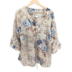 DRESS-U-II Floral Top Sz 1X Poet Ruffle Trim Romantic Bohemian Cottagecore Sheer
